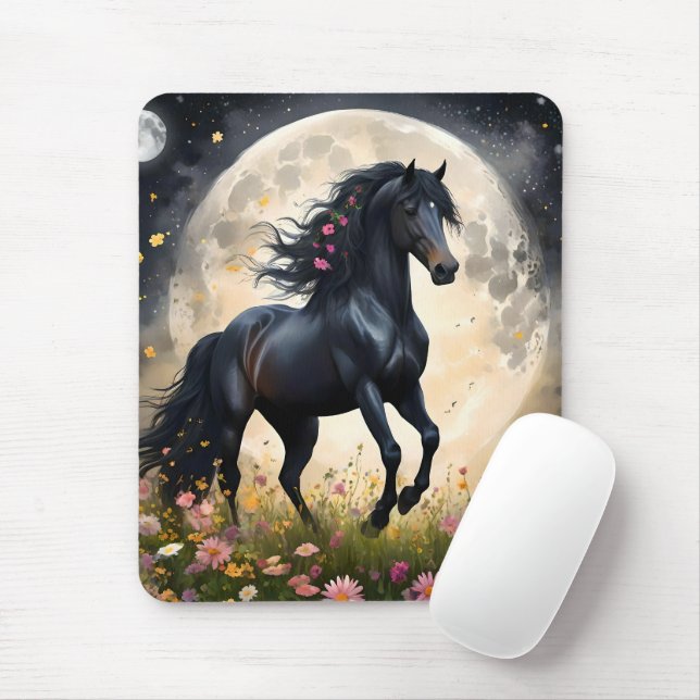 Tapis De Souris Champ de fleur de lune de cheval noir, (Avec souris)