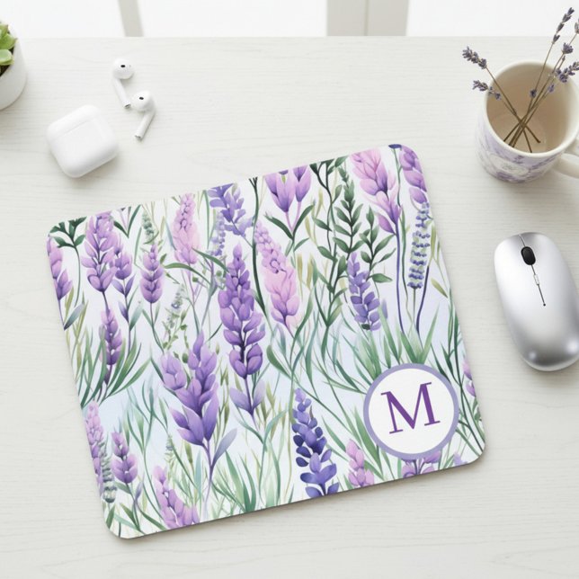 Tapis De Souris Champ de Fleurs Lavande Violette Monogramme (Créateur téléchargé)