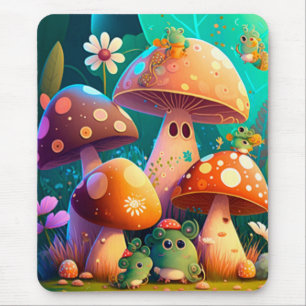 Tapis De Souris Champignons mignons et fleurs buissons vert