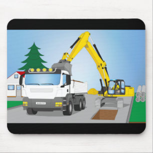 Tapis De Souris Chantier de route avec camion blanc et excavateur
