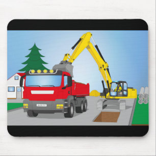 Tapis De Souris Chantier de route avec camion rouge et excavateur