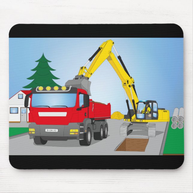 Tapis De Souris Chantier de route avec camion rouge et excavateur  (Devant)