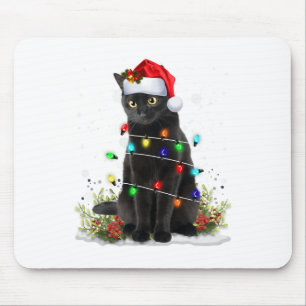Tapis De Souris Chapeau de Santa Noël Chat Noir Drôle Chats Meowy