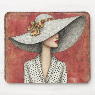 Tapis De Souris Chapeau Soleil Large Vintage Dame en Rouge
