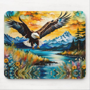 Tapis De Souris Chasse à l'aigle à tête blanche en fleur sauvage