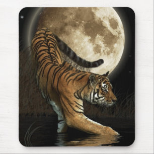Tapis De Souris Chasse Tigre et Pleine lune Art de la faune