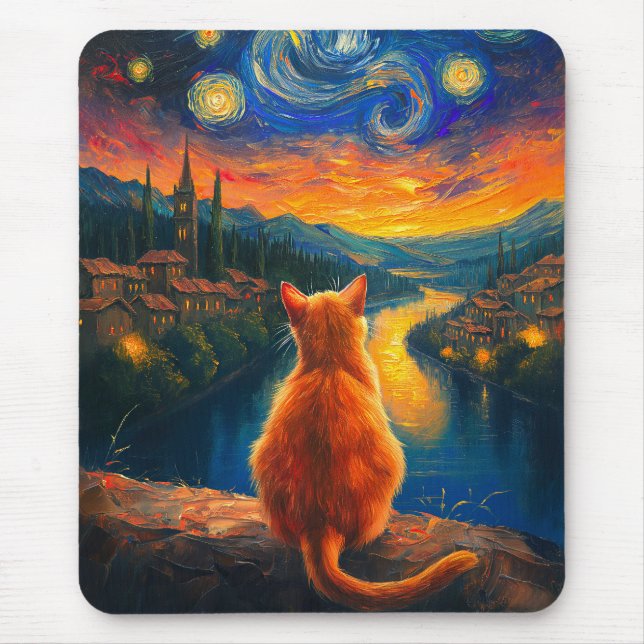 Tapis De Souris Chat à gingembre contemplatif | Starry Night Sky A (Devant)