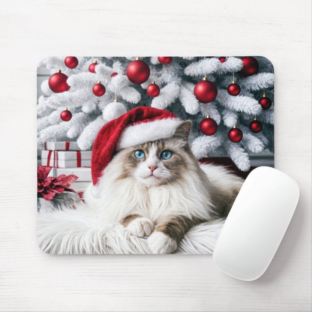Tapis De Souris Chat à poupée de Noël dans un chapeau de Père Noël (Avec souris)