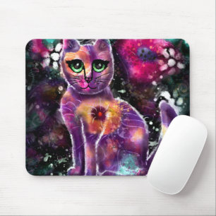 Tapis De Souris Chat Abstrait floral blanc Kitty noir rose