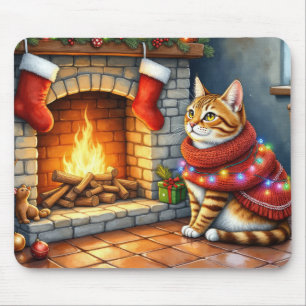 Tapis De Souris Chat abyssin assis près de la cheminée avec Noël