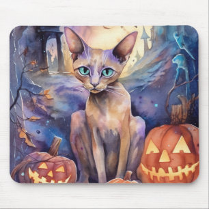 Tapis De Souris Chat abyssin d'Halloween avec citrouilles effrayan