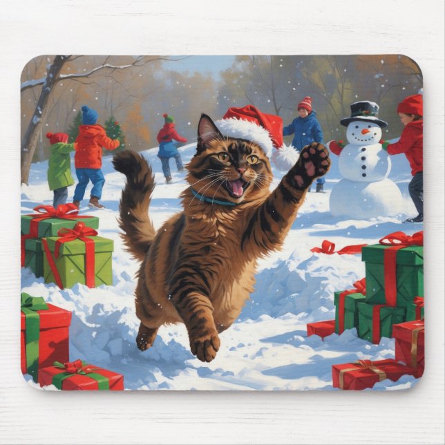 Tapis De Souris Chat abyssin Scène de Noël enneigée festive (Devant)