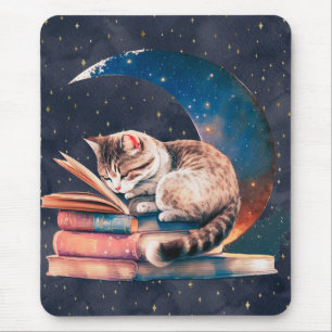 Tapis De Souris Chat adorable sur la Lune lisant un livre