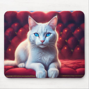 Tapis De Souris Chat Albino Aux Beaux Yeux Bleus Sur Canapé Rouge
