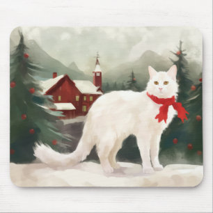 Tapis De Souris Chat angora turc à Noël sous la neige