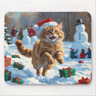 Tapis De Souris Chat angora turc courant dans la neige avec un cha