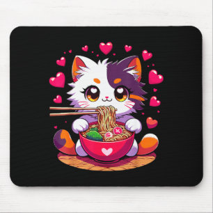 Tapis De Souris Chat Anime Mangeant Des Nouilles Ramen Avec Des Cœ