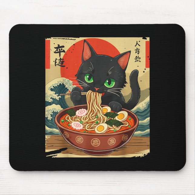 Tapis De Souris Chat Anime Mangeant Ramen Art Japonais Graphique C (Devant)
