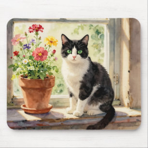 Tapis De Souris Chat aquarelle et fleurs sur appui de fenêtre
