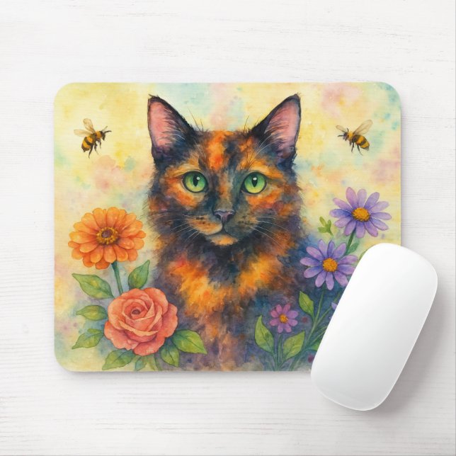 Tapis de Souris Chat Aquarelle Florale (Avec souris)