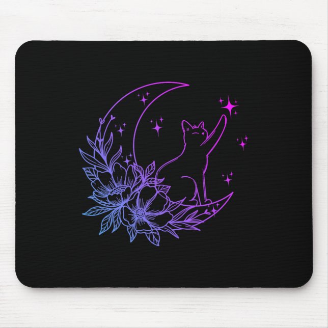 Tapis De Souris Chat Assis Sur Crescent Lune Fleurs Étoiles Femmes (Devant)