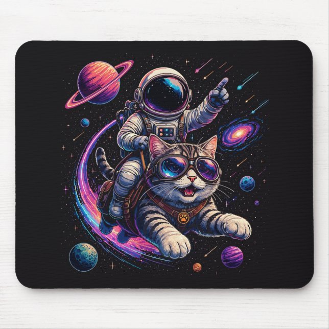 Tapis De Souris Chat astronaute chevauchant à travers l'espace (Devant)