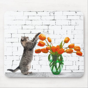 Tapis De Souris Chat avec Bouquet de Tulipe orange Mousepad