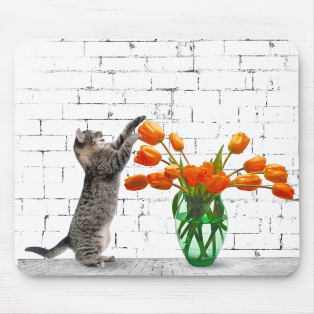 Tapis De Souris Chat avec Bouquet de Tulipe orange Mousepad (Devant)