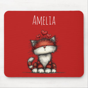 Tapis De Souris Chat avec coeurs d'amour rouges mignon et drôle