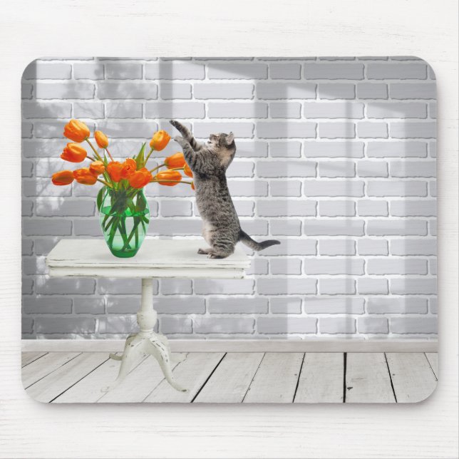 Tapis De Souris Chat avec Tulipes Orange Pad (Devant)