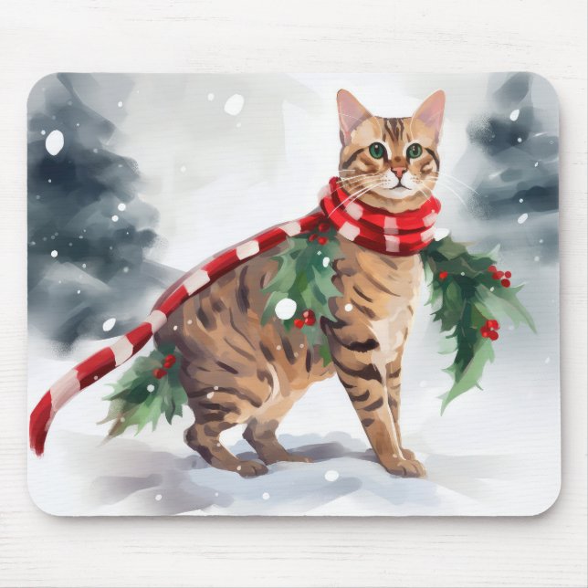 Tapis De Souris Chat Bengal dans Noël enneigé  (Devant)