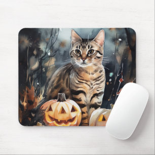 Tapis De Souris Chat Bengale D'Halloween Avec Peur Citrouille