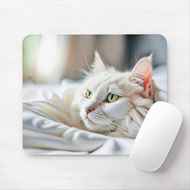 Tapis De Souris Chat Blanc Au Lit (Avec souris)