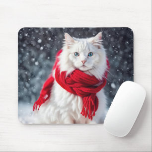 Tapis De Souris Chat blanc avec Écharpe rouge d'hiver