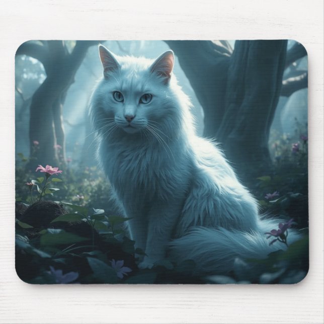 Tapis De Souris chat blanc avec le pavé de souris yeux bleus (Devant)