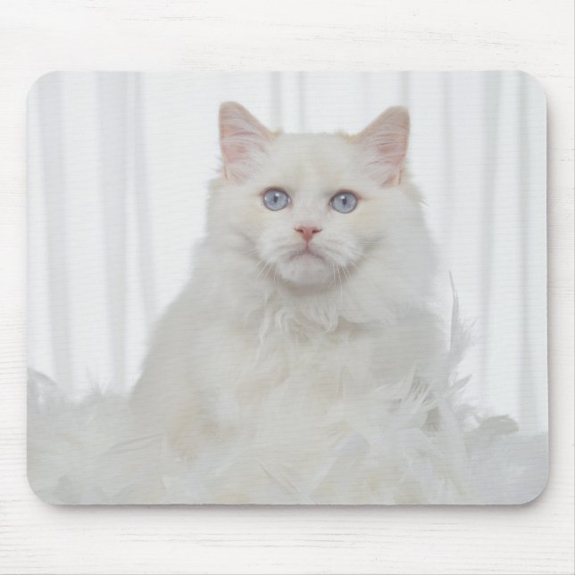 Tapis De Souris Chat blanc avec plumes (Devant)