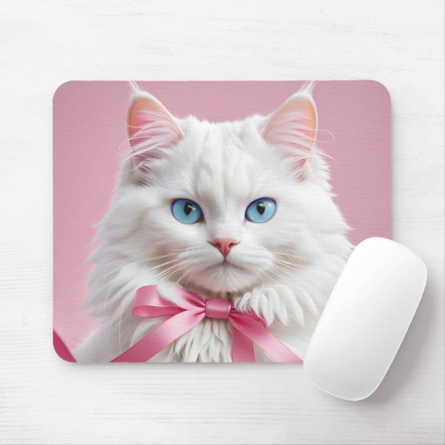 Tapis De Souris Chat blanc avec ruban rose (Avec souris)