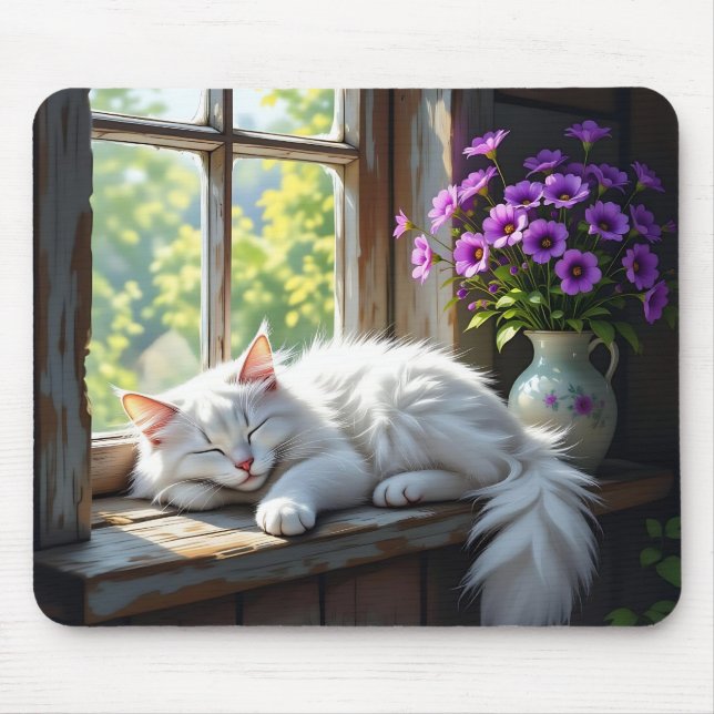 Tapis De Souris Chat blanc dormant et fleurs violettes  (Devant)