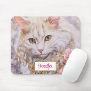 Tapis De Souris Chat blanc élégant en or et diamants