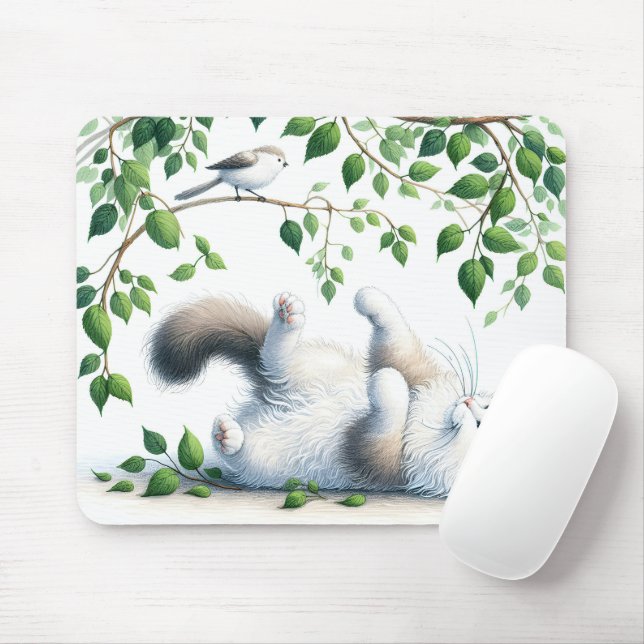 Tapis De Souris Chat Blanc Jouant Avec Oiseau Dans L'Arbre (Avec souris)