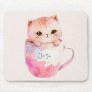 Tapis De Souris Chat blanc-rose mignonne dans une tasse de thé (2)