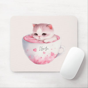 Tapis De Souris Chat blanc-rose mignonne dans une tasse de thé (3)