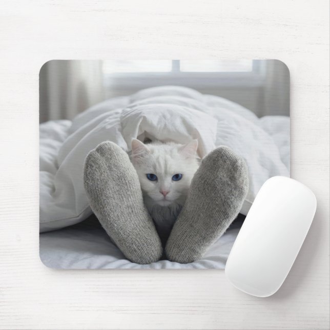 Tapis De Souris Chat blanc sous une couette blanche (Avec souris)