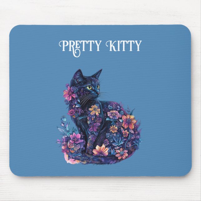 Tapis De Souris Chat bleu noir Fleurs Joli Minou (Devant)