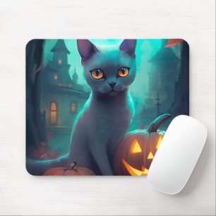 Tapis De Souris Chat bleu russe d'Halloween avec la peur Citrouill