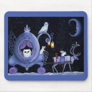 Tapis De Souris Chat Blue Carriage Hivernal Chouette Neige Blanc C