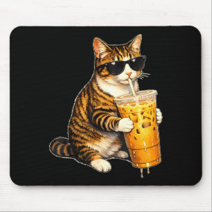 Tapis De Souris Chat buvant du café glacé avec des lunettes de sol