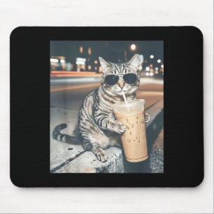 Tapis De Souris Chat buvant un café glacé mème animal drôle hommes