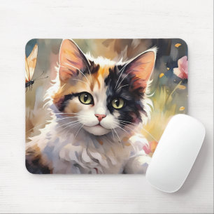 Tapis De Souris Chat calico et papillons dans un jardin printanier