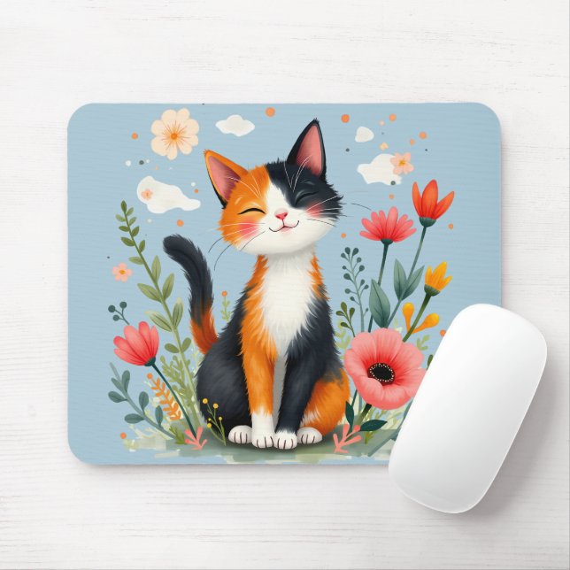 Tapis De Souris Chat Calico souriant dans le jardin fleuri (Avec souris)